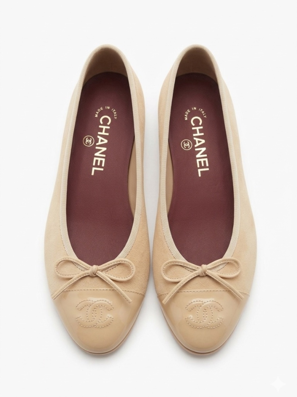 Authentic CHANEL 26A Métiers d'Art Suede Patent Leather CC Ballet Flats Beige 37